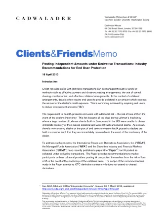 Posting Independent Amounts under Derivative Transactions: Industry  Recommendations for End User