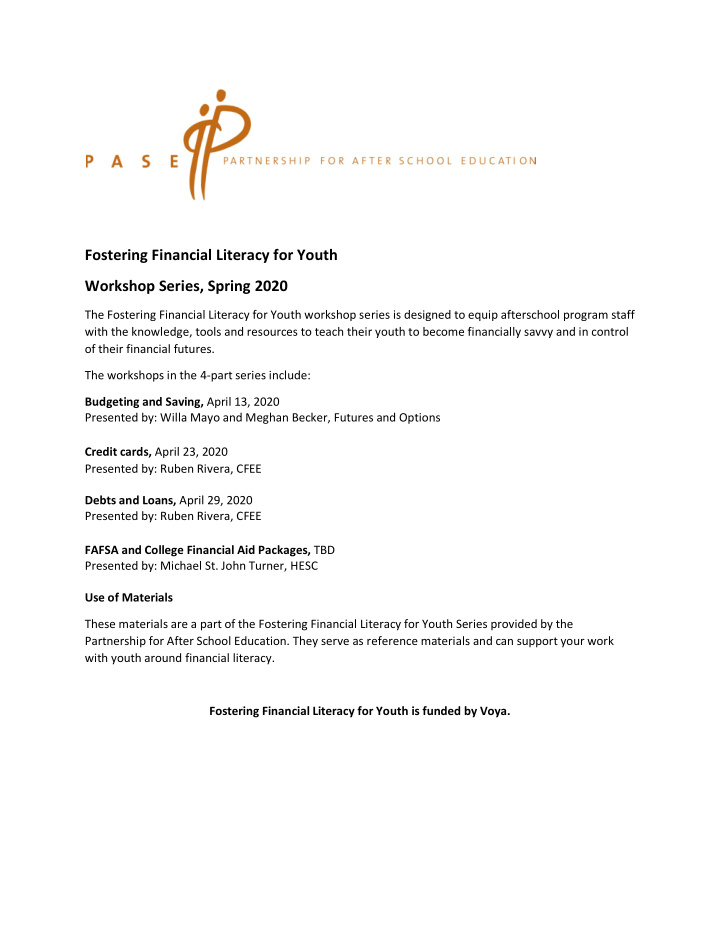 fostering financial literacy for youth workshop series