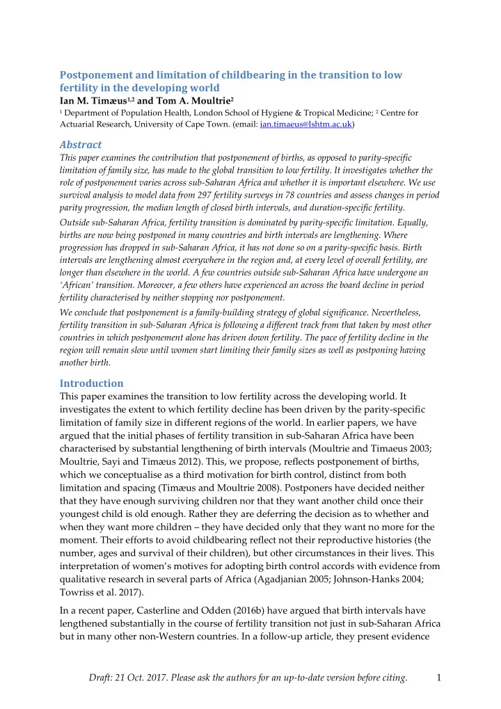 postponement and limitation of childbearing in the