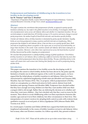 Postponement and limitation of childbearing in the transition to low  fertility in the developing