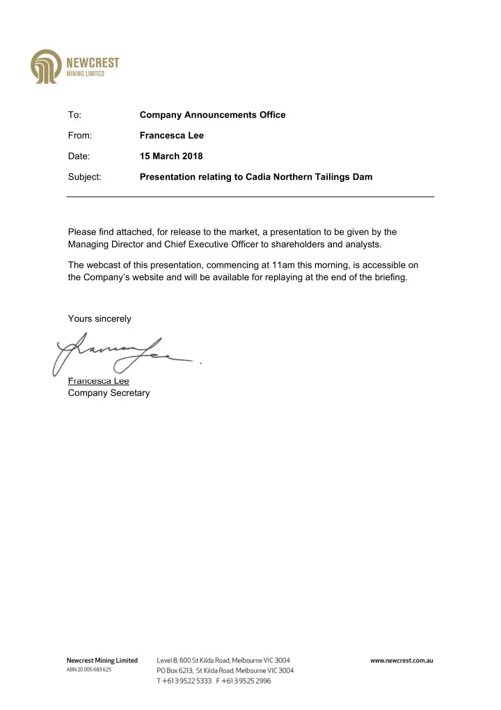 to company announcements office from francesca lee date