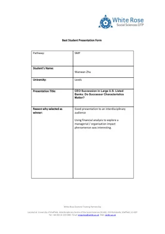 White Rose Doctoral Training Partnership Located at: University of Sheffield, Interdisciplinary