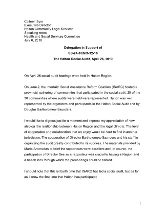 Colleen Sym  Executive Director  Halton Community Legal Services  Speaking notes  Health and Social