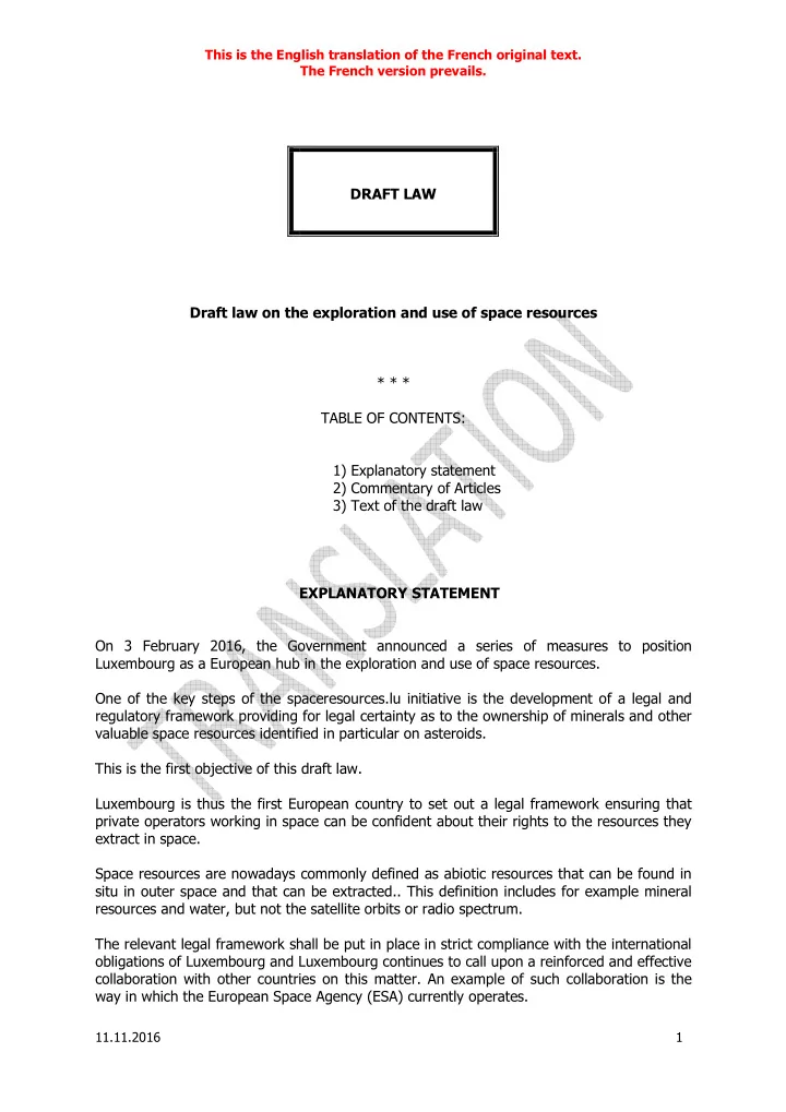 draft law draft law on the exploration and use of space