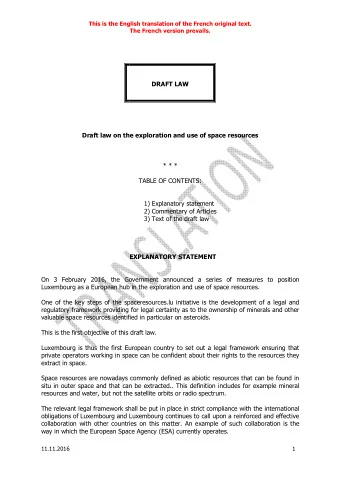DRAFT LAW  Draft law on the exploration and use of space resources  * * *  TABLE OF CONTENTS:  1)