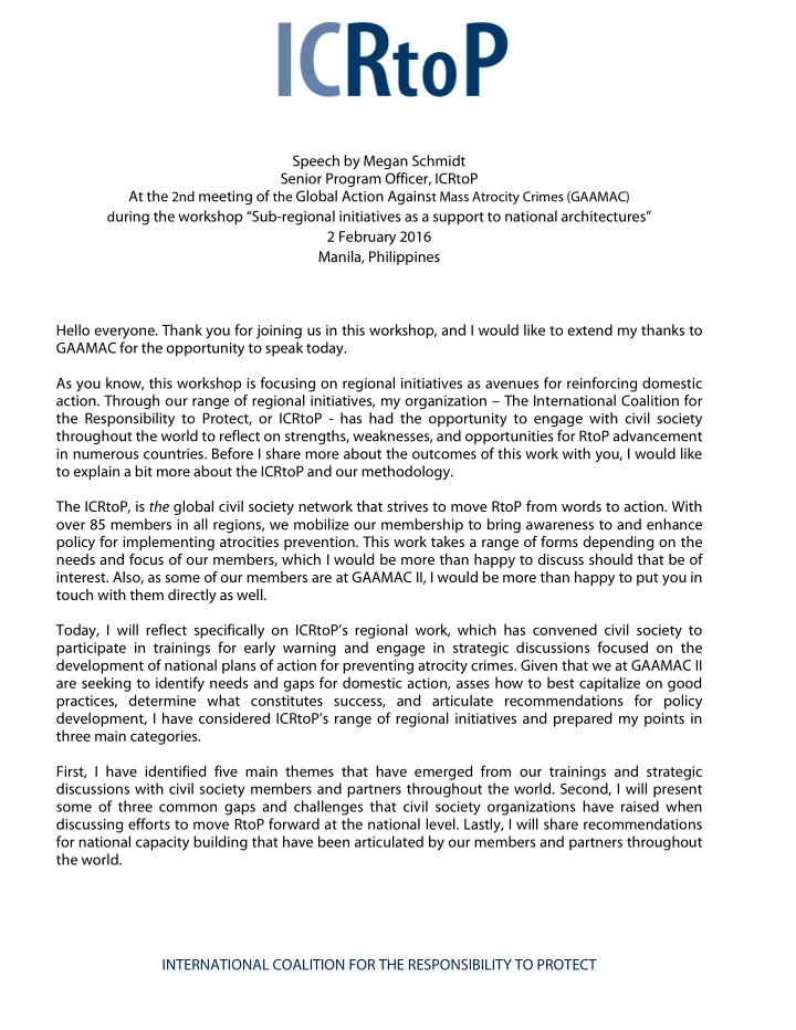 speech by megan schmidt senior program officer icrtop at