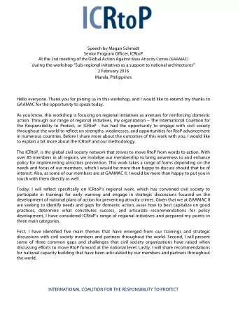 Speech by Megan Schmidt  Senior Program Officer, ICRtoP At the 2nd meeting of the Global Action