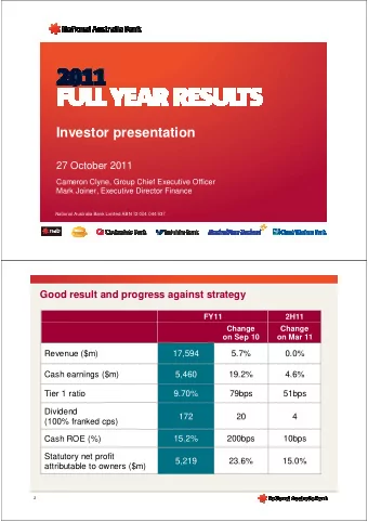Investor presentation  27 October 2011  Cameron Clyne, Group Chief Executive Officer  Mark Joiner,