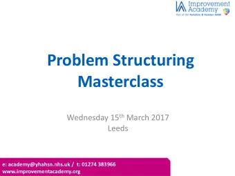 Problem Structuring  Masterclass Wednesday 15 th March 2017  Leeds  e: academy@yhahsn.nhs.uk /  t: