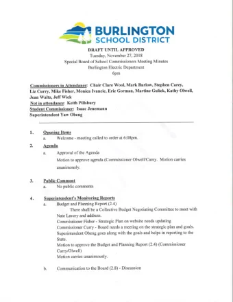 BURLINGTON J SCHOOL DISTRICT DRAFT UNTIL APPROVED Tuesday, November 27, 2018 Special Board of