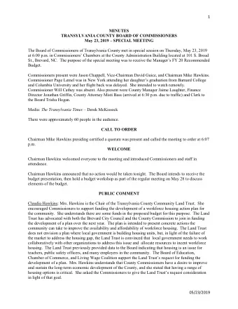 1  MINUTES  TRANSYLVANIA COUNTY BOARD OF COMMISSIONERS  May 23, 2019  SPECIAL MEETING  The Board