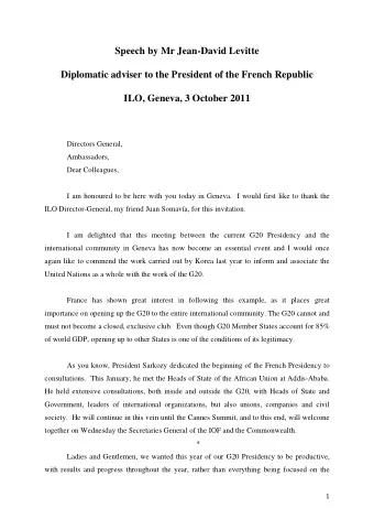 Speech by Mr Jean-David Levitte  Diplomatic adviser to the President of the French Republic  ILO,