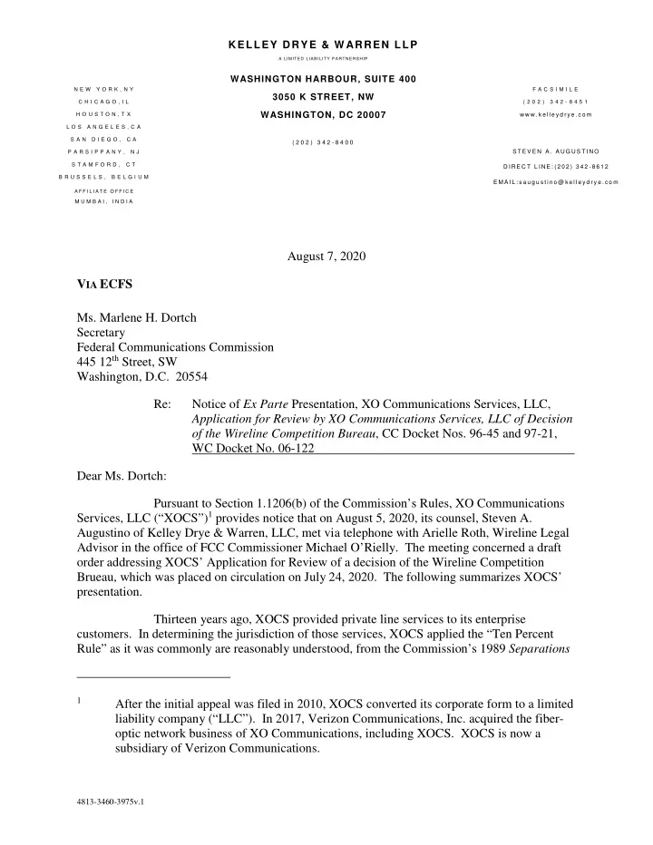 august 7 2020 v ia ecfs ms marlene h dortch secretary
