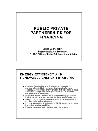 PUBLIC PRIVATE  PARTNERSHIPS FOR  FINANCING  Larisa Dobriansky  Deputy Assistant Secretary  U.S.