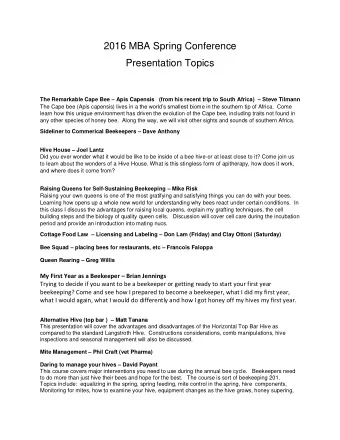 2016 MBA Spring Conference  Presentation Topics The Remarkable Cape Bee  Apis Capensis   (from