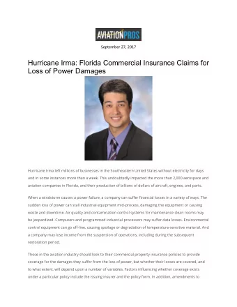 Hurricane Irma: Florida Commercial Insurance Claims for Loss of Power Damages  Hurricane Irma left