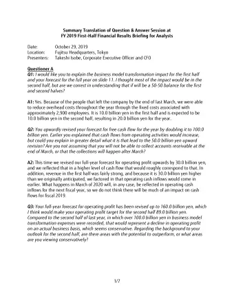 Summary Translation of Question &amp; Answer Session at  FY 2019 First-Half Financial Results