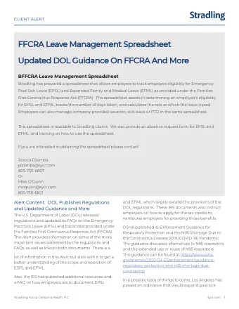 FFCRA Leave Management Spreadsheet  FFCRA Leave Management Spreadsheet  Updated DOL Guidance On