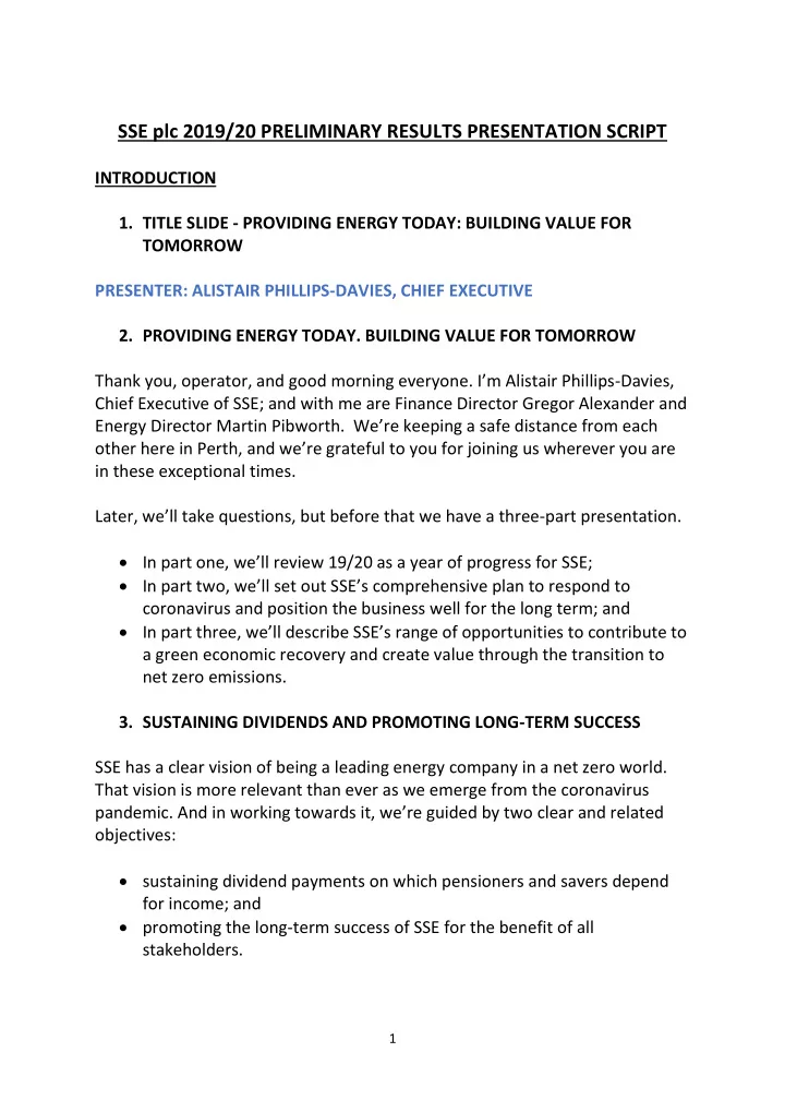sse plc 2019 20 preliminary results presentation script