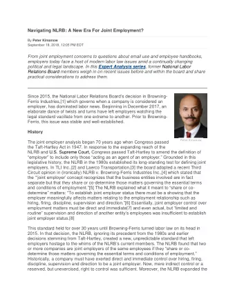 Navigating NLRB: A New Era For Joint Employment? By Peter Kirsanow  September 18, 2018, 12:05 PM