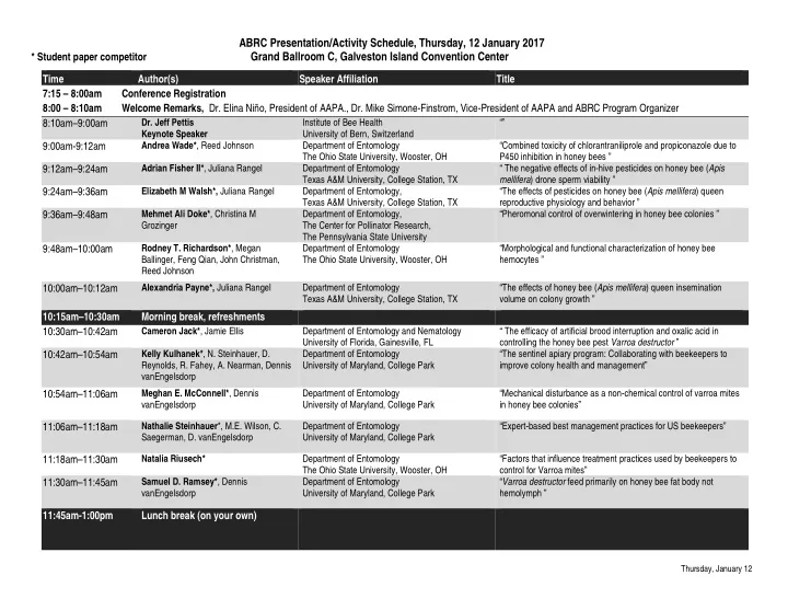 abrc presentation activity schedule thursday 12 january