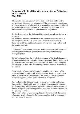 Summary of Dr Brad Howletts presentation on Pollination  of Macadamias  May 2019  Please note: