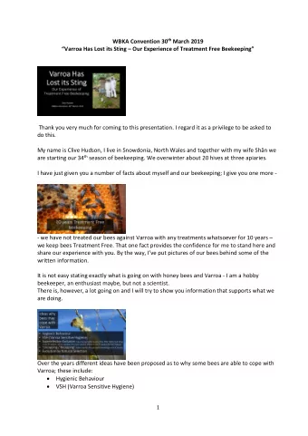 WBKA Convention 30 th March 2019  Varroa Has Lost its Sting  Our Experience of Treatment Free