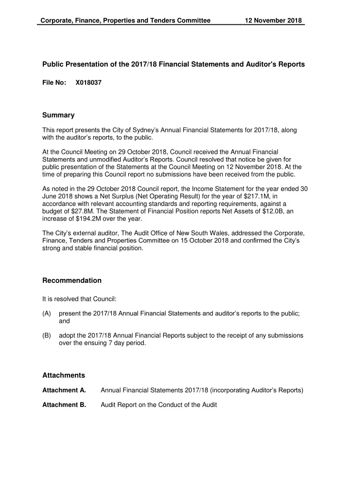 public presentation of the 2017 18 financial statements