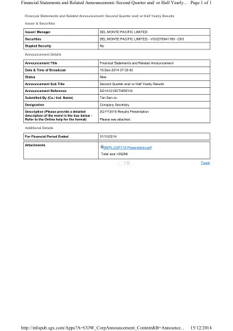 Financial Statements and Related Announcement::Second Quarter and/ or Half Yearly...  Page 1 of 1