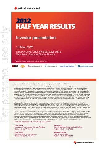 For personal use only  Investor presentation  10 May 2012  Cameron Clyne, Group Chief Executive