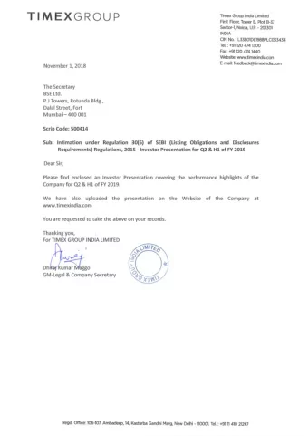 Dh ~ T IM EX GROUP Timex Group India Limited First Floor, Tower B, Plot B-37 Sector-1, Noida, U. P.