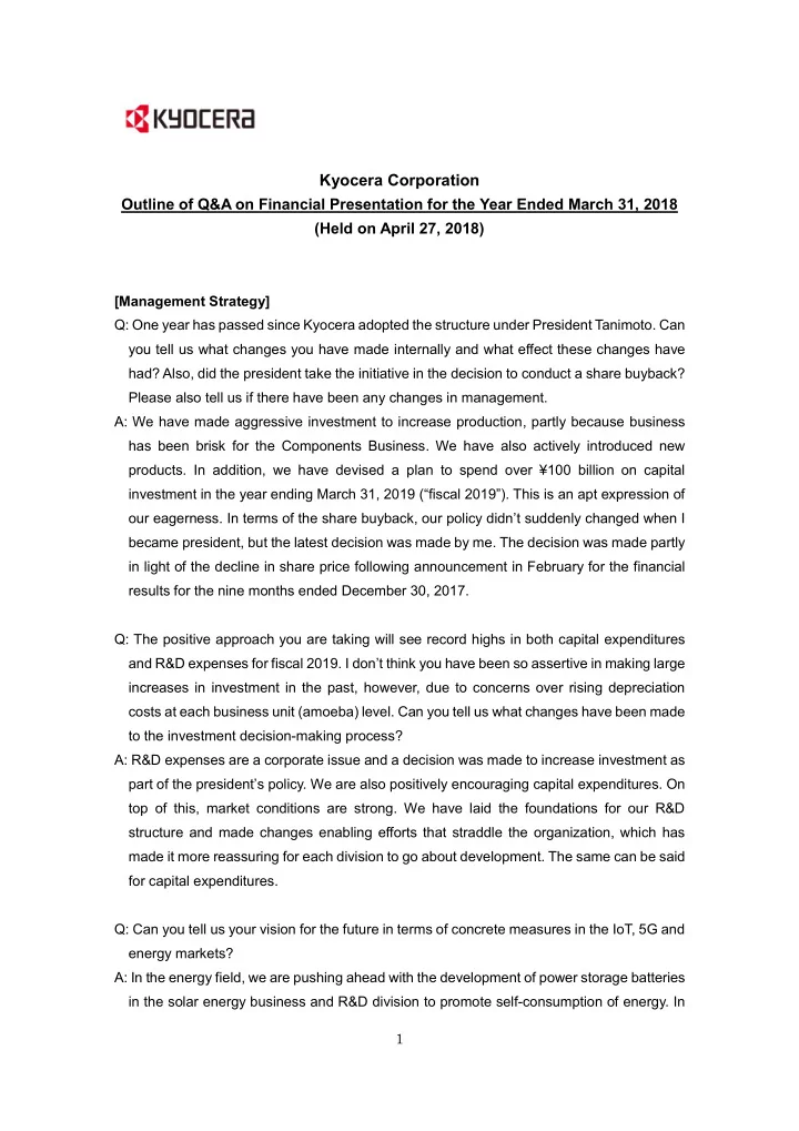 kyocera corporation outline of q a on financial