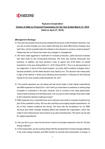 Kyocera Corporation Outline of Q&amp;A on Financial Presentation for the Year Ended March 31, 2018
