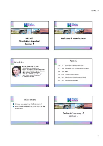 NASMIS  Welcome &amp; Introductions  Site Option Appraisal  Session 2  Agenda Who I Am  1300 - 1315