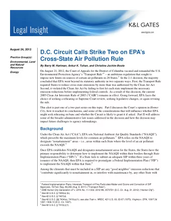 August 24, 2012  D.C. Circuit Calls Strike Two on EPAs  Practice Group(s):  Cross-State Air