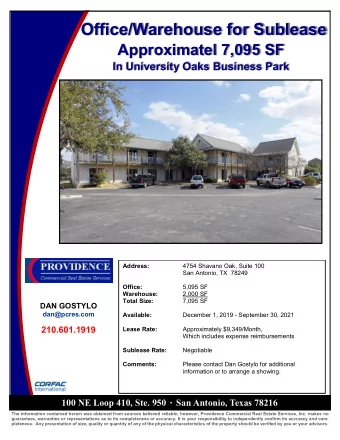 Office/Warehouse for Sublease Approximatel 7,095 SF In University Oaks Business Park Address: 4754