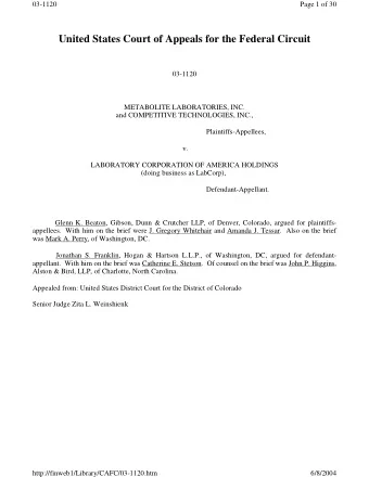 United States Court of Appeals for the Federal Circuit  03-1120  METABOLITE LABORATORIES, INC.  and