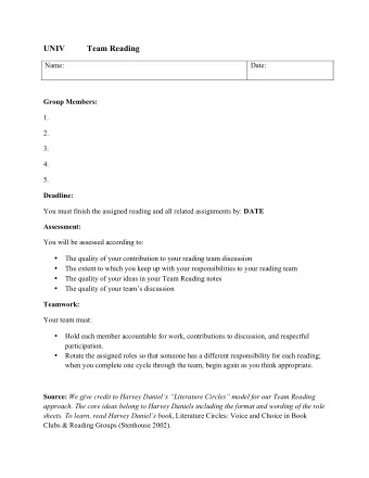 UNIV  Team Reading  Name:  Date:  Group Members:  1.  2.  3.  4.  5.  Deadline: You must finish the