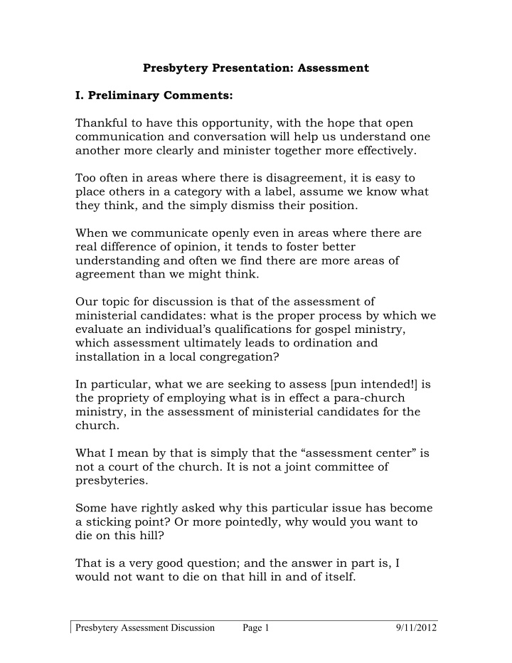 presbytery presentation assessment i preliminary comments