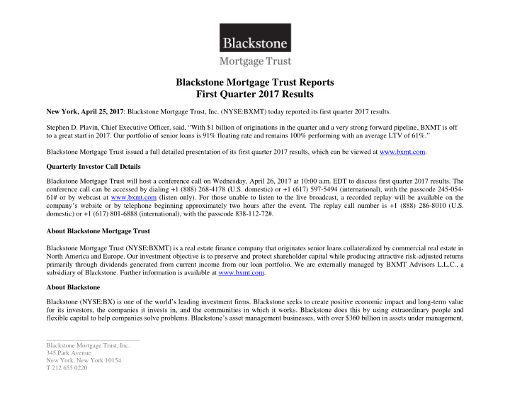 blackstone mortgage trust reports first quarter 2017