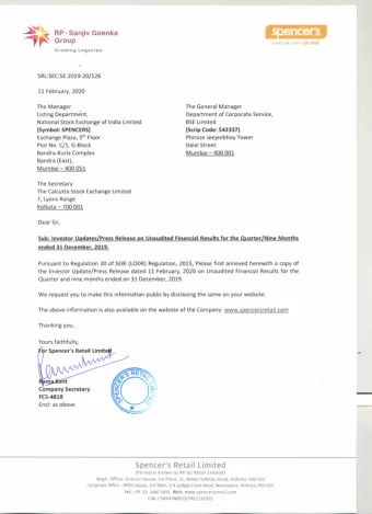 RP- Sanjiv Goenka  Group MAKES FINE LIVING affordable  Growing  Legacies  SRL:SEC:SE:2019-20/126