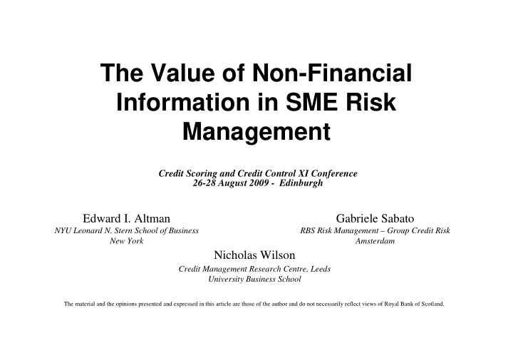 the value of non financial information in sme risk