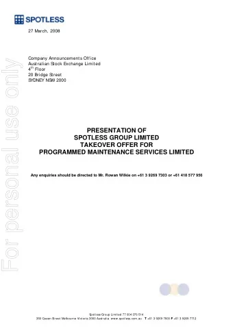 For personal use only  Australian S  tock Exchange Limited 4 th Floor  20 Bridge S  treet  S  YDNEY