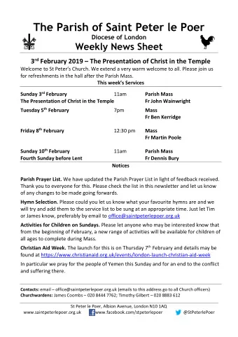 Readings for Sunday 3 February, the Presentation of Christ in the Temple First Reading (Malachi 3.1