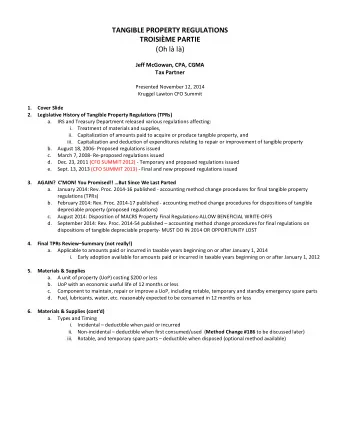 TANGIBLE PROPERTY REGULATIONS  TROISIME PARTIE  (Oh l l)  Jeff McGowan, CPA, CGMA  Tax