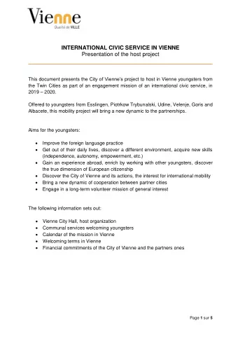 INTERNATIONAL CIVIC SERVICE IN VIENNE  Presentation of the host project This document presents the