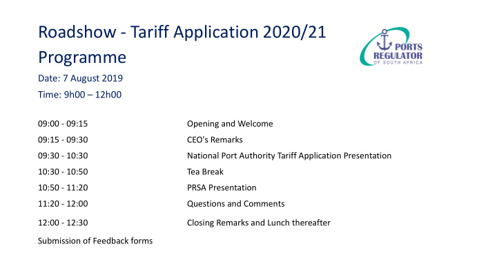 roadshow tariff application 2020 21