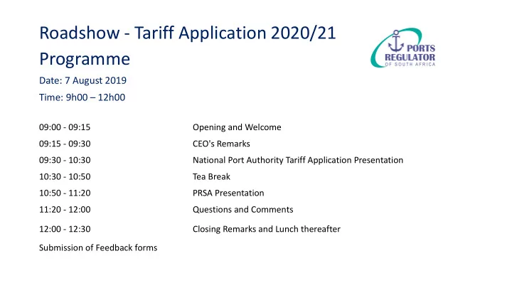 roadshow tariff application 2020 21