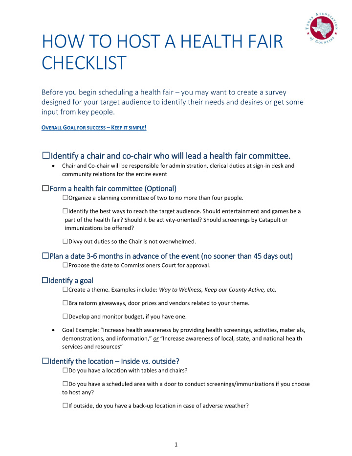 how to host a health fair checklist