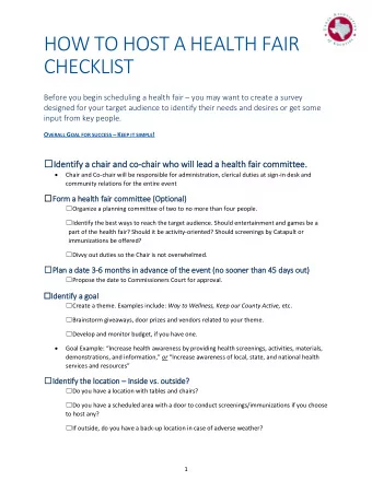 HOW TO HOST A HEALTH FAIR  CHECKLIST Before you begin scheduling a health fair  you may want to